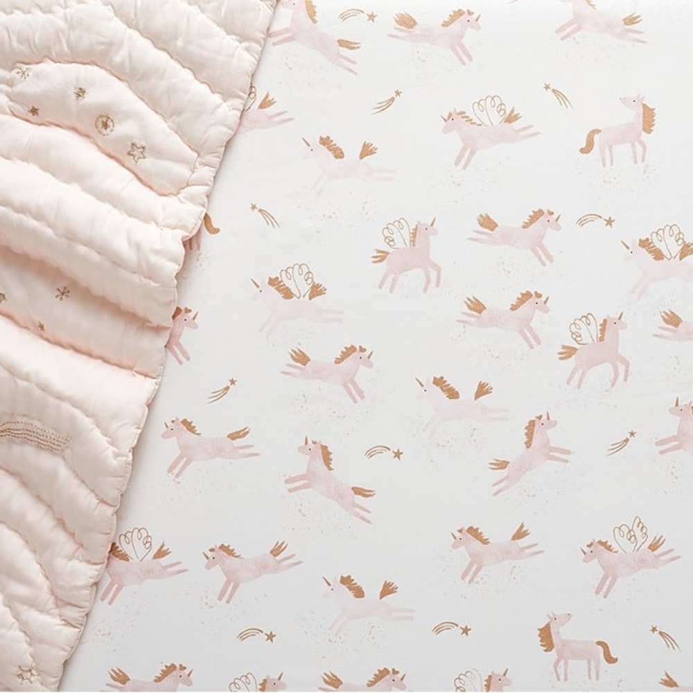 Pottery Barn Kids Mila Metallic Unicorn Crib sheet + quilt